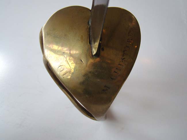An 18th century English Grenadiers' Basket Hilted Hanger made by Samuel Harvey circa 1750-1768 with engraved heart shaped guard inscribed "M CHESHIRE" and having the Regimental markings 7 and 61. — image 4